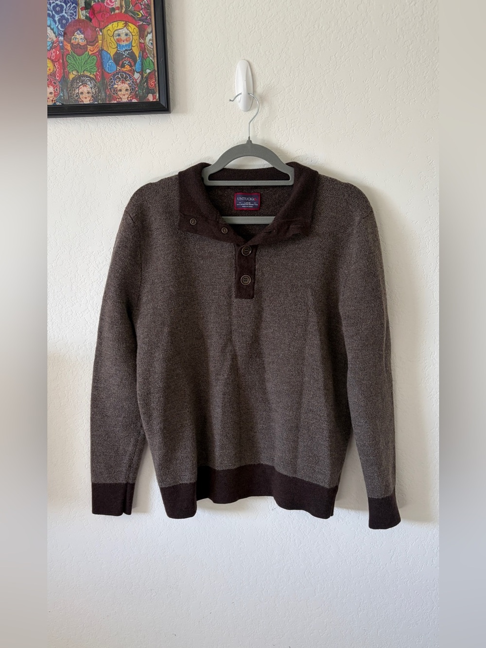 UNTUCKIT MERINO WOOL BUTTON MOCK NECK SWEATER BROWN TAGGED L FITS M